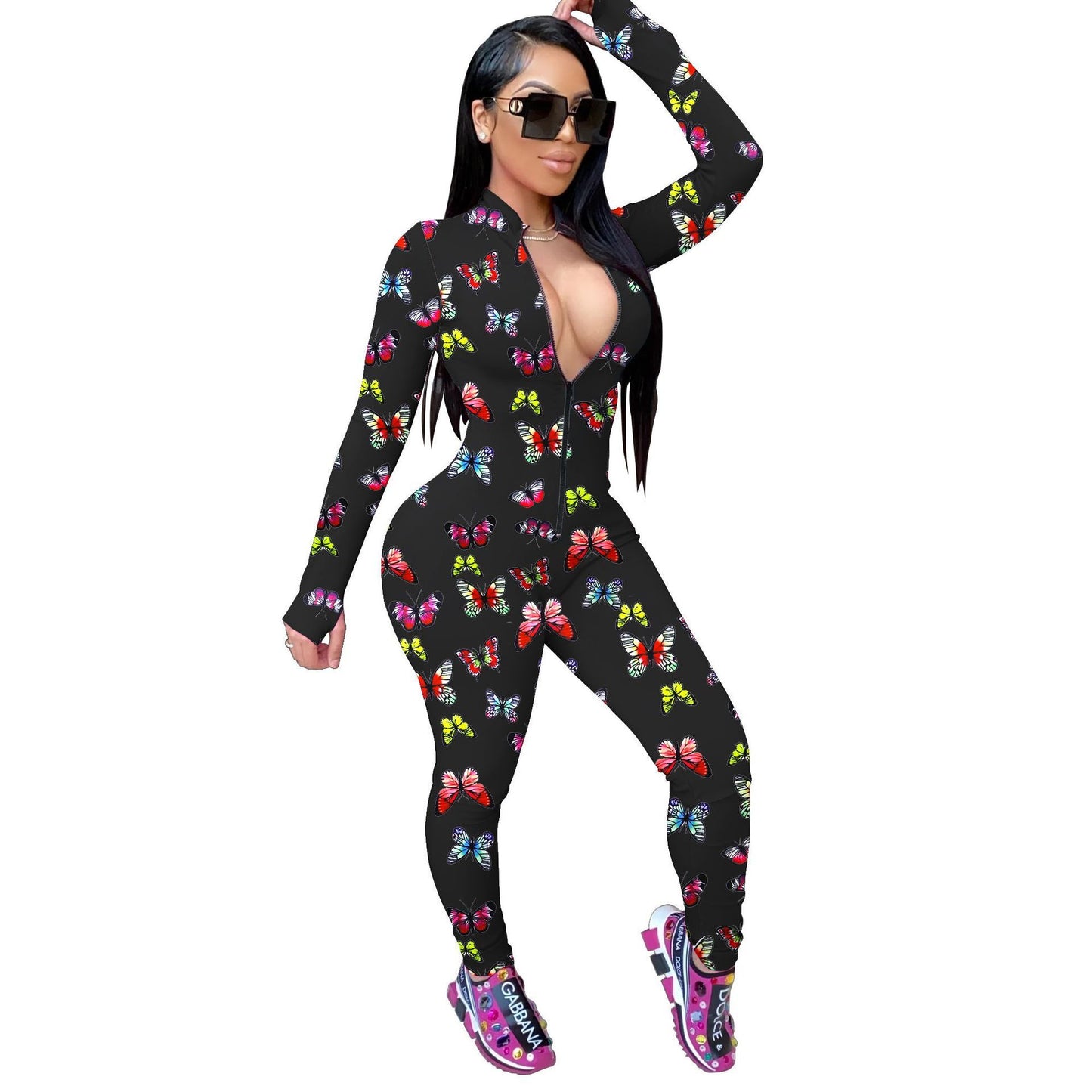 Zipper long sleeve sleepwear jumpsuit