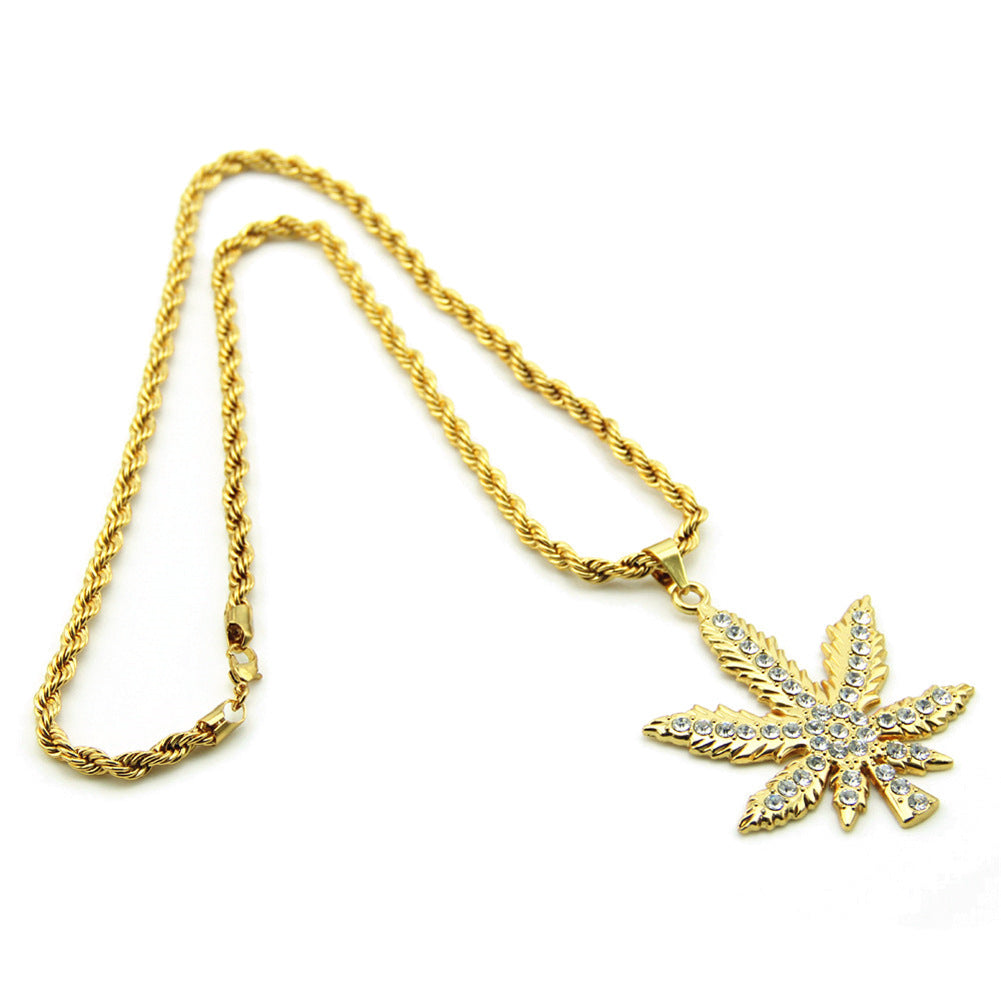 Jewelry Hip Hop Diamond Maple Leaf Pendant Necklace