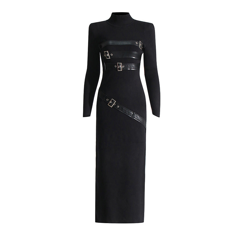 High Sense Stitching Tied Design Slim Fit Long Dress Women's