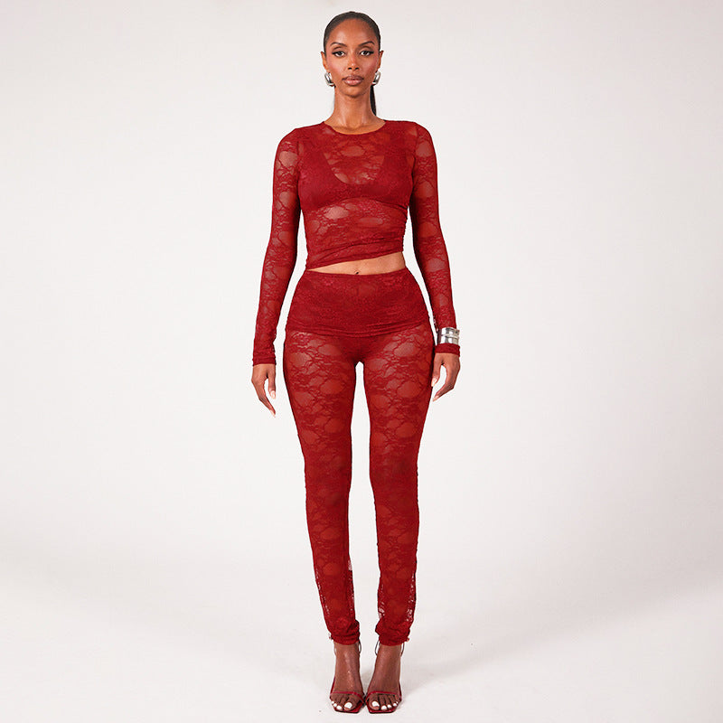 Stitching Lace See-through Trousers Two-piece Set